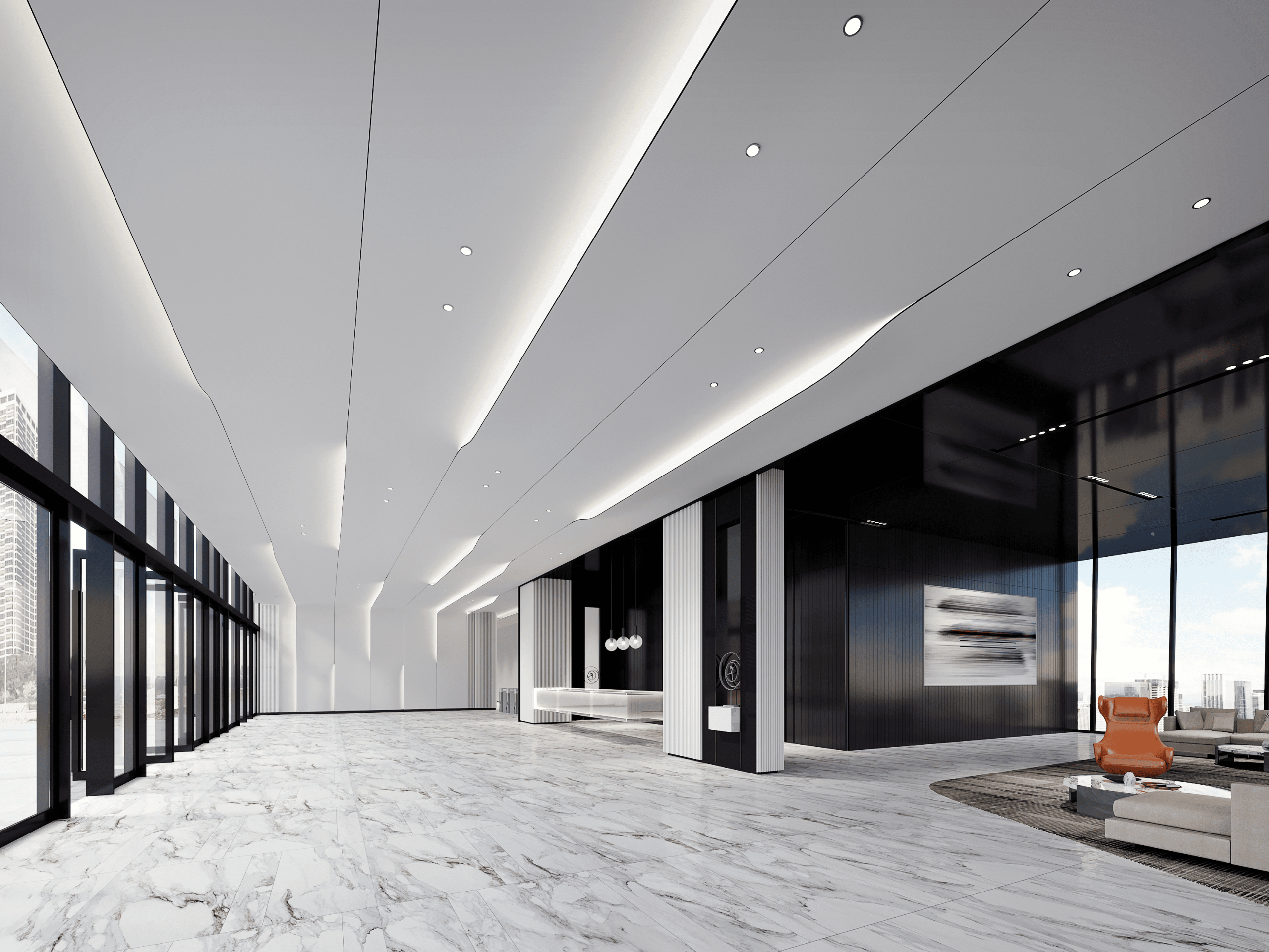 3d office lobby design rendering:Have you seen a striking 3d office lobby rendering?